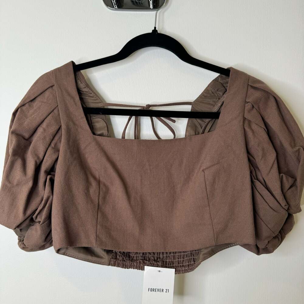 Forever 21 Brown Woven Square Neck Puff Sleeve Smocked Crop Top - Picture 3 of 4